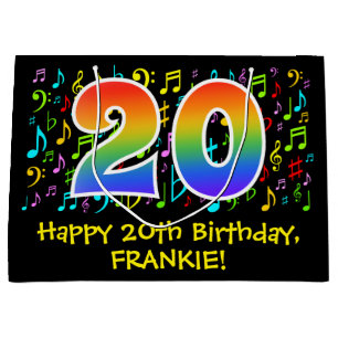 20. Geburtstag - Farbige Musiksymbole, Regenbogen Große Geschenktüte