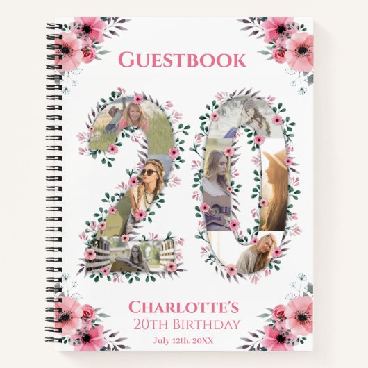 20. Geburtstag Foto Rosa Blume Weißes Gästebuch Notizblock (Vorderseite)