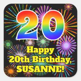 20. Geburtstag: Fun Fireworks Look, Rainbow # 20 Quadratischer Aufkleber