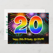 20. Geburtstag - Fun Fireworks Pattern + Regenboge Postkarte (Vorne/Hinten)