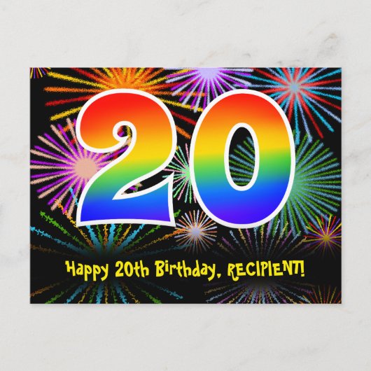 20. Geburtstag - Fun Fireworks Pattern + Regenboge Postkarte (Vorderseite)