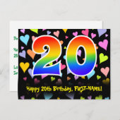 20. Geburtstag: Fun Hearts Pattern, Regenbogen 20 Postkarte (Vorne/Hinten)