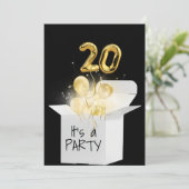 20. Geburtstag Gold Ballons in weißer Box Einladung (Stehend Vorderseite)