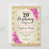 20. Geburtstag - Gold Streifen Rosa Rosen Einladun Einladung (Vorderseite)