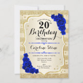 20. Geburtstag - Goldstreifen Royal Blue Rose Einladung (Vorderseite)