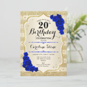 20. Geburtstag - Goldstreifen Royal Blue Rose Einladung (Stehend Vorderseite)