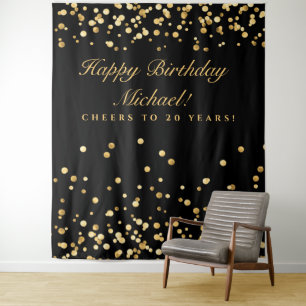 20. Geburtstag Hintergrund, Black and Gold Confett Wandteppich