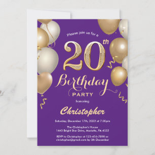 20. Geburtstag Lila und Gold Balloons Confetti Einladung