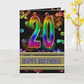 20. Geburtstag mit Regenbogenblasen und Feuerwerk Karte (Gelbe Blume)
