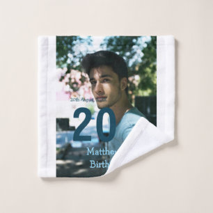 20. Geburtstag Name Foto Datum Mann Blau Weiß Waschlappen