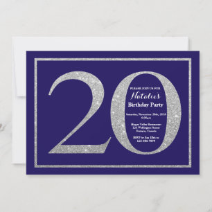 20. Geburtstag Navy Blau und Silber Glitter Einladung