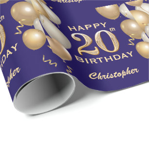 20. Geburtstag Navy Blue und Gold Glitzer Balloons Geschenkpapier