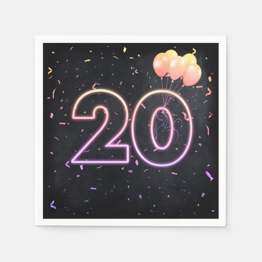 20. Geburtstag Neon Sign auf Black Napkins Serviette (Vorderseite)