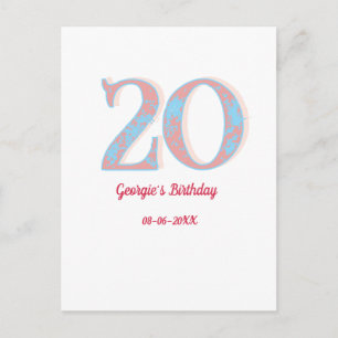 20. GEBURTSTAG PFIRSICH BLAU FETT RETRO NAME STYLI POSTKARTE
