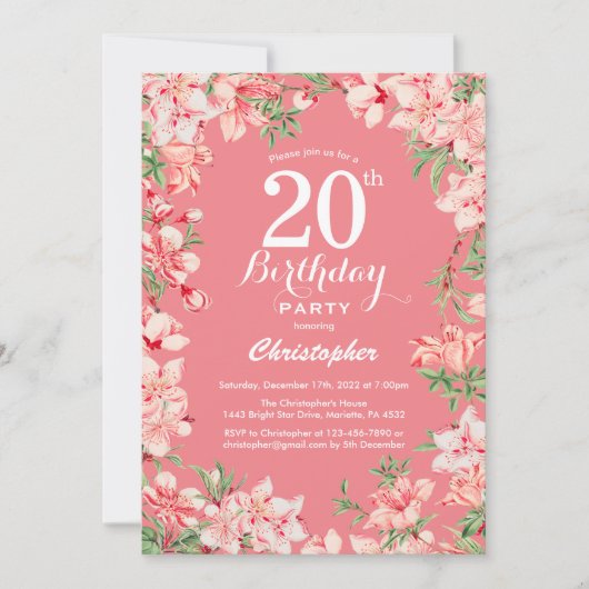 20. Geburtstag Pink Boho Botanische Blume Einladung (Vorderseite)