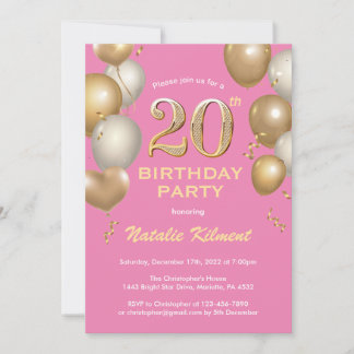 20. Geburtstag Pink und Gold Glitzer Balloons Einladung