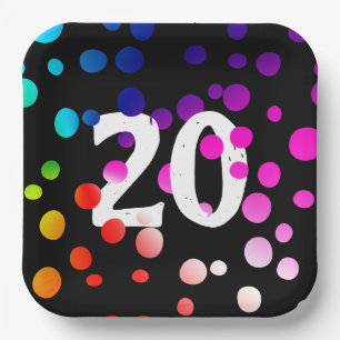20. Geburtstag Rainbow Dots auf Black Paper Teller