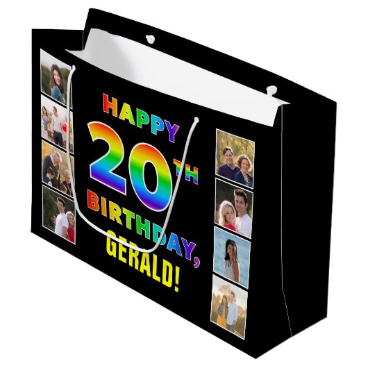 20. Geburtstag: Regenbogentext, benutzerdefinierte Große Geschenktüte (Vorderseite Schrägansicht)