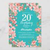 20. Geburtstag Rosa Blume Aquamariner Hintergrund Einladung (Vorne/Hinten)