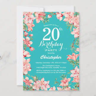 20. Geburtstag Rosa Blume Aquamariner Hintergrund Einladung