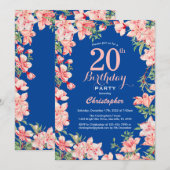 20. Geburtstag Rosa Blume Blau Einladung (Vorne/Hinten)