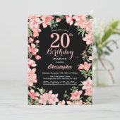 20. Geburtstag Rosa Blume Schwarzer Hintergrund Einladung (Stehend Vorderseite)