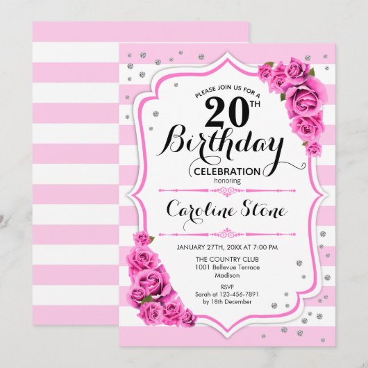 20. Geburtstag - Rosa Rose Einladung (Vorne/Hinten)