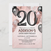 20. Geburtstag Rose Gold Ballons Einladung (Vorderseite)