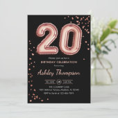 20. Geburtstag - Rose Gold Balloons Black Einladung (Stehend Vorderseite)