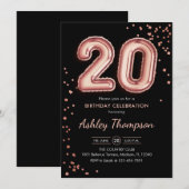 20. Geburtstag - Rose Gold Balloons Black Einladung (Vorne/Hinten)