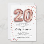20. Geburtstag - Rose Gold Balloons Einladung (Vorderseite)