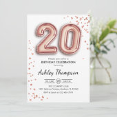 20. Geburtstag - Rose Gold Balloons Einladung (Stehend Vorderseite)