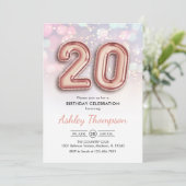 20. Geburtstag - Rose Gold Balloons Rosa Leuchten Einladung (Stehend Vorderseite)
