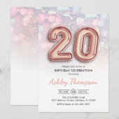 20. Geburtstag - Rose Gold Balloons Rosa Leuchten Einladung (Vorne/Hinten)