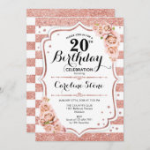 20. Geburtstag - Rose Gold Weiße Streifen Einladung (Vorne/Hinten)