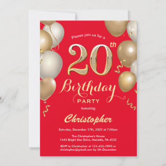 20. Geburtstag Rot und Gold Balloons Confetti Einladung