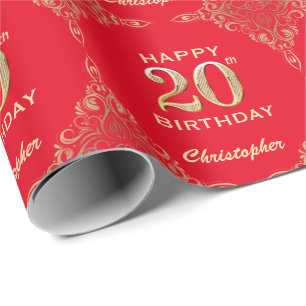 20. Geburtstag Rot und Gold Glitzer Rahmen Geschenkpapier