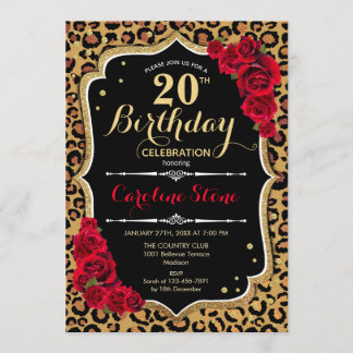 20. Geburtstag - Rote Rosen Leopard Print Einladung