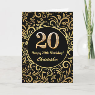 20. Geburtstag Schwarz und Gold Floral Muster Karte