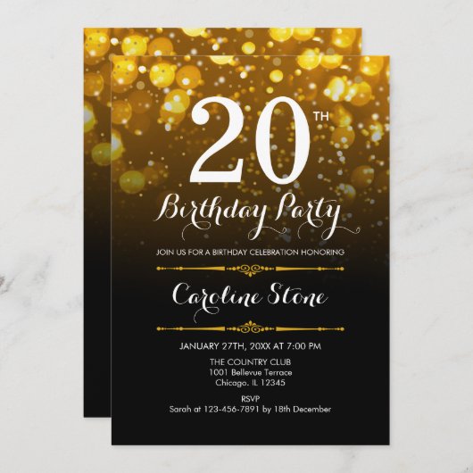 20. Geburtstag - Schwarz-weiß Gold Einladung (Vorne/Hinten)