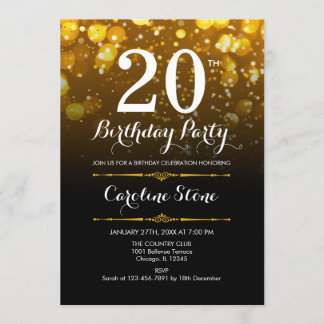 20. Geburtstag - Schwarz-weiß Gold Einladung