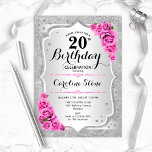 20. Geburtstag - Silberstreifen Rosen Einladung<br><div class="desc">Einladung zum 20. Geburtstag. Elegantes Design in Silber und Rosa. Features Imitate Glitzer silberne Streifen,  rosa Rosen stilvolle Skript-Schriftart und Konfetti. Ideal für eine gläserne Geburtstagsfeier.</div>