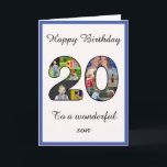 20. Geburtstag Son FotoCollage Vorlage<br><div class="desc">Feiern Sie den 20. Geburtstag Ihres Sohnes mit einer besonderen und einzigartigen Collage aus Foto und Foto. Diese wunderbare, große Geburtstagskarte für diesen besonderen Sohn hat die 20 aus Ihrer eigenen Kollektion von Fotos. Die Vorlage wurde für Sie entwickelt, um "An einen wunderbaren Bruder" zu bearbeiten, um die Schwester, den...</div>