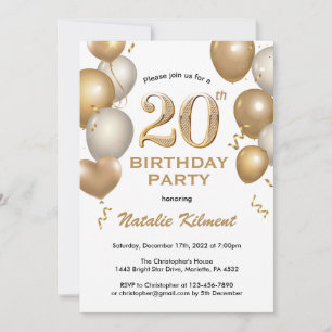 20. Geburtstag Weißer Glitzer und Goldballons Einladung