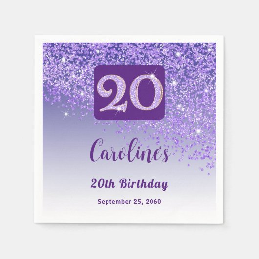 20. Geburtstagsfeier Funkelndes lila Glitter Serviette (Vorderseite)
