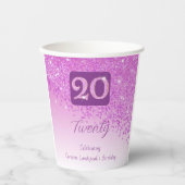 20. Geburtstagsfeier Glänzendes Rosa Glitter Pappbecher (Vorderseite)