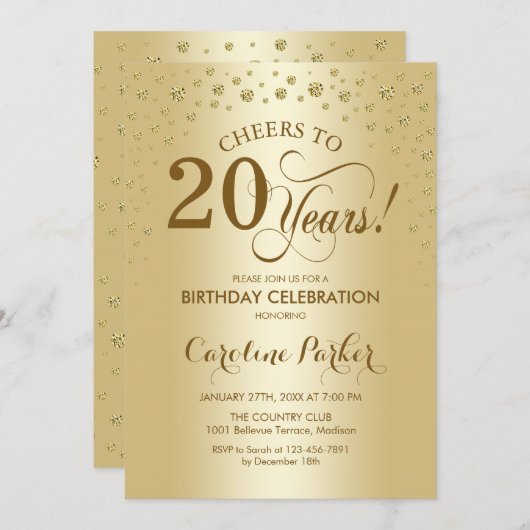 20. Geburtstagsfeier - Gold Einladung (Vorne/Hinten)