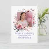 20. Geburtstagspartei Custom Foto Blumenrahmen Einladung (Stehend Vorderseite)