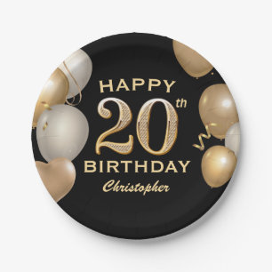 20. Geburtstagsparty Black and Gold Ballons Pappteller