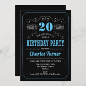 20. Geburtstagsparty - Black Blue White Einladung (Vorne/Hinten)
